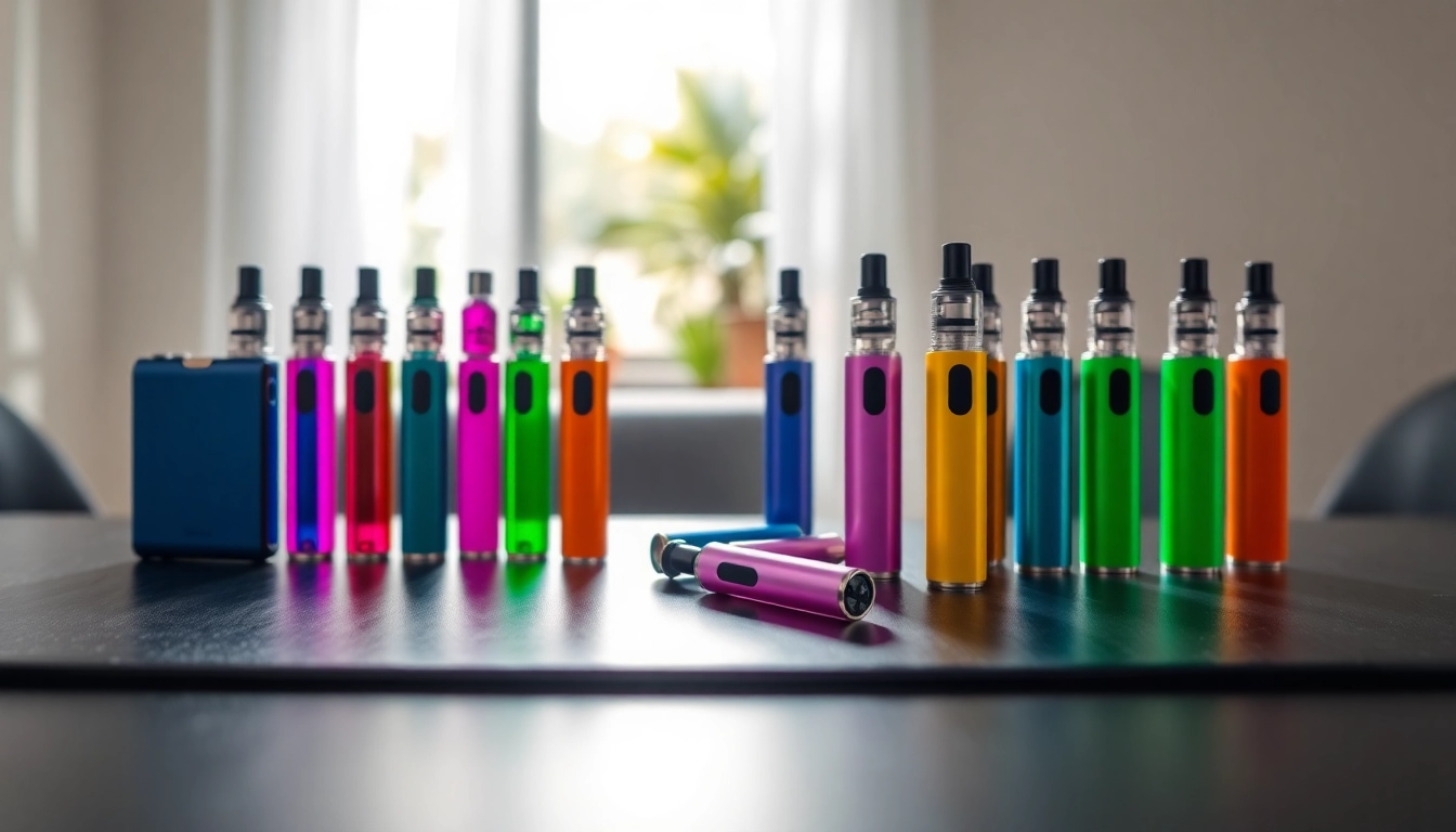 Showcasing a vibrant array of Disposable Vape pens on a sleek surface, emphasizing colorful flavors.