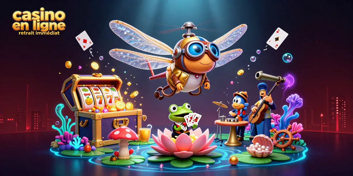 Casinos en ligne retrait immédiat : un dragonfly pilote et un croupier grenouille dans une scène ludique.
