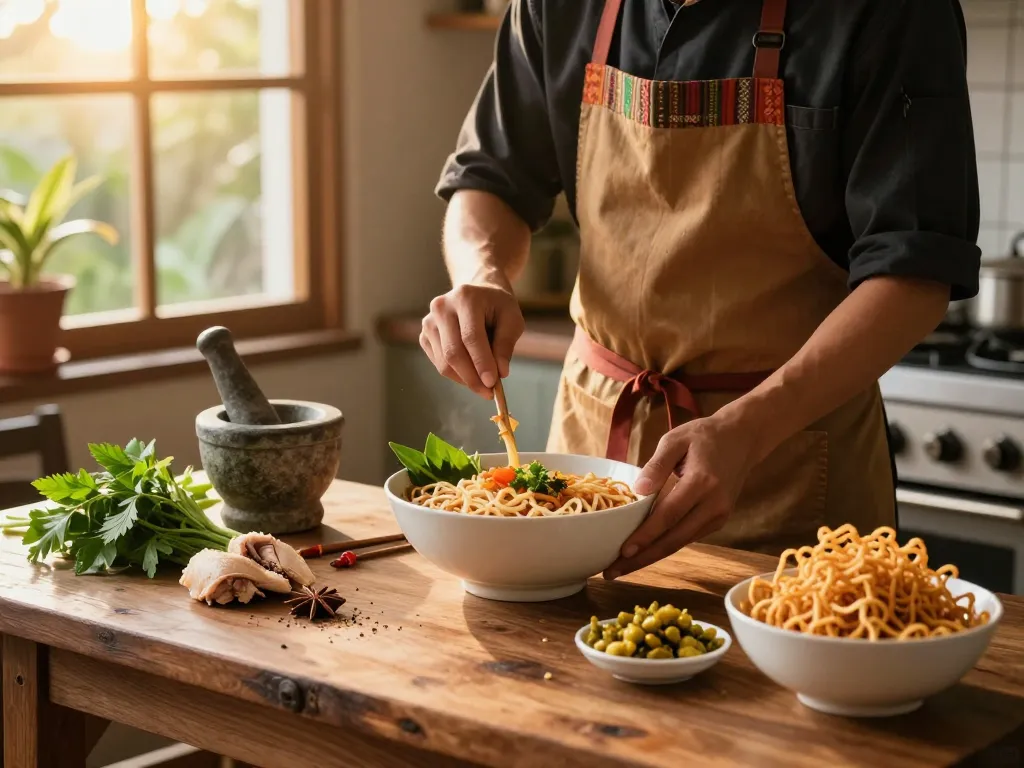 Delicious khao soi noodles recipe being prepared with fresh ingredients and vibrant herbs in a warm kitchen.