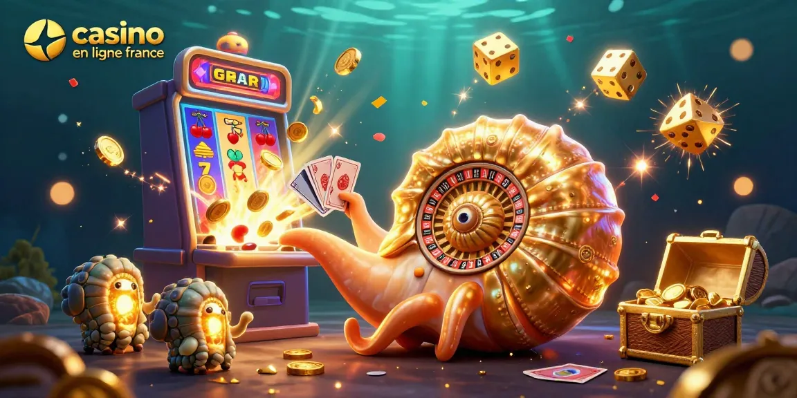 Découvrez une scène vibrante de jeux au casino en ligne France, avec un nautilus créatif et des éléments de jackpot.