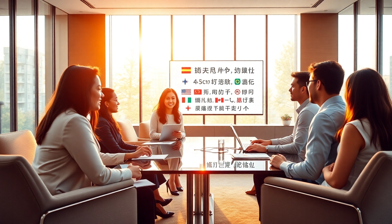 AI interpretation service facilitating seamless multilingual communication in a modern conference room.