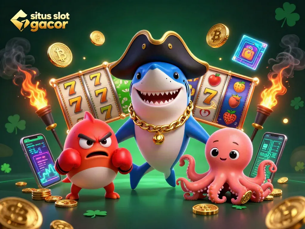 Experience situs slot gacor with exciting 3D characters, slot reels, and glowing cryptocurrency coins.