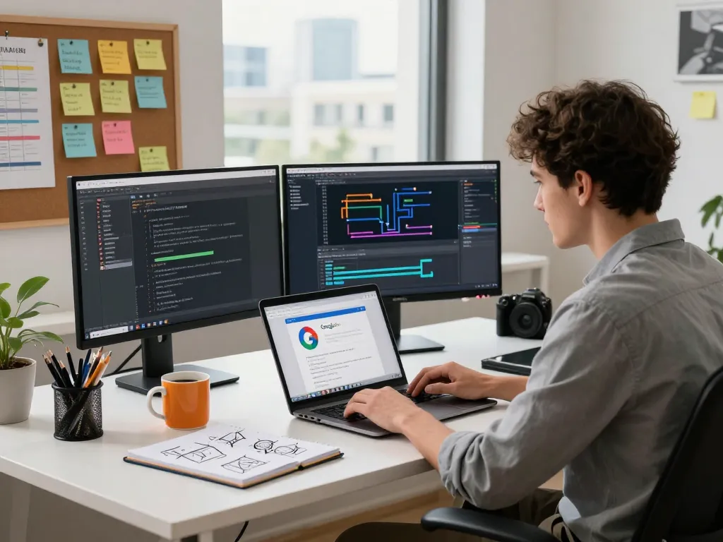 Workspace featuring 谷歌浏览器 on a laptop, dual monitors, and modern tech tools, ideal for productivity.