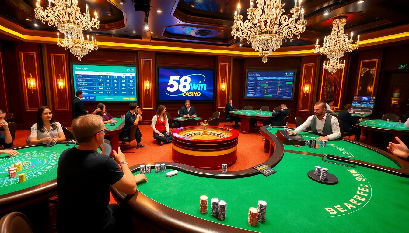 Players enjoying blackjack at an upscale casino table, immersive gaming experience with 58win.