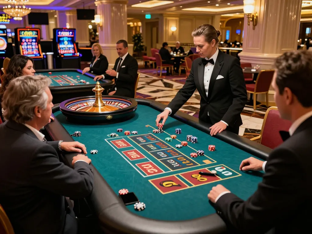 Experience the excitement of gambling at a luxurious roulette table with players engaging in strategic bets.