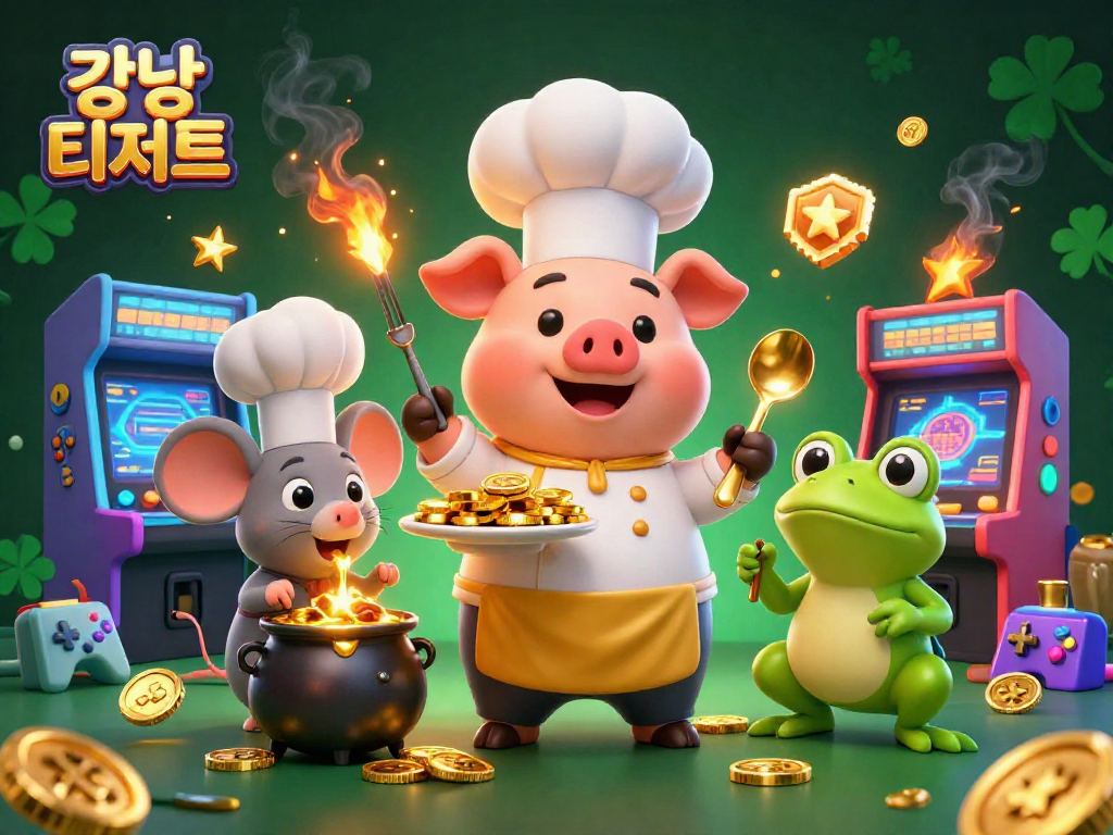 강남 디저트에서 금화로 만든 디저트를 즐기는 조리사 캐릭터들의 묘사