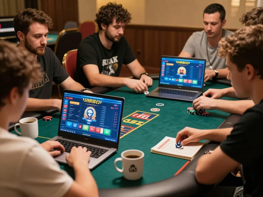 RR88 players engaged in a strategic online poker game from a cozy home setting.