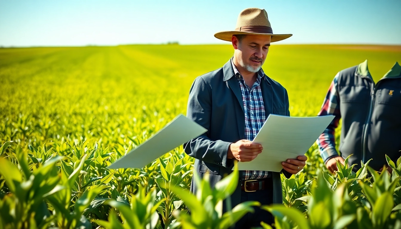 Engaging agricultural law consultation between a farmer and attorney in a green field.