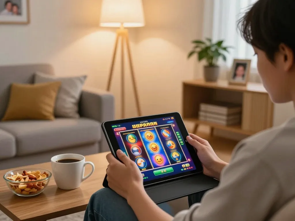 Engaging in slot jepang game play on a tablet in a cozy home setting, vibrant and warm atmosphere