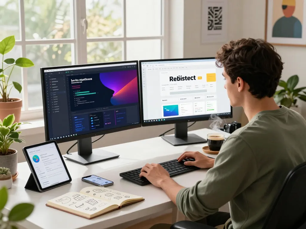 A developer using an AI no code website developer tool in a modern workspace.