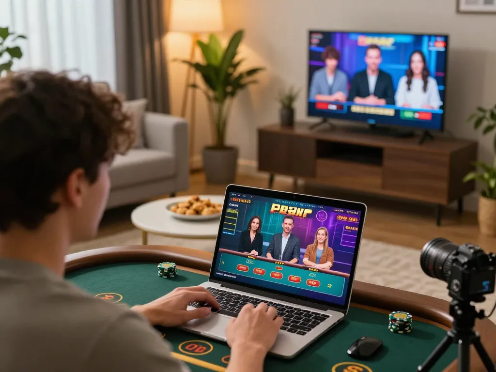 Enjoying online casino action with okwintv in a cozy home setting while using a laptop.