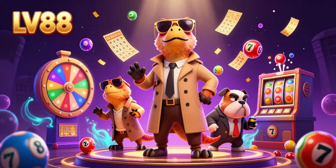 LV88 characters gearing up to enter a VIP casino lounge with lottery and game elements.