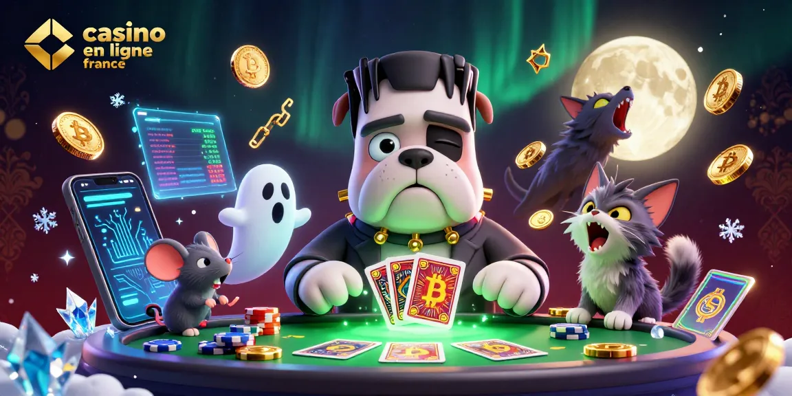 Jouez sur un casino en ligne France avec une ambiance captivante illustrée par un bulldog Frankenstein et ses compagnons.
