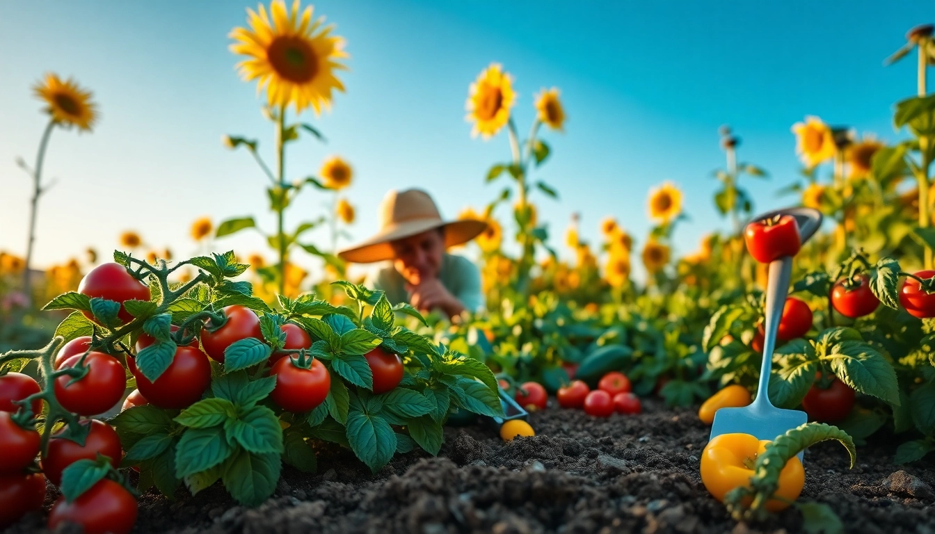 Gardening scene featuring a gardener tending to vibrant vegetable plants with lush greens and ripe tomatoes.