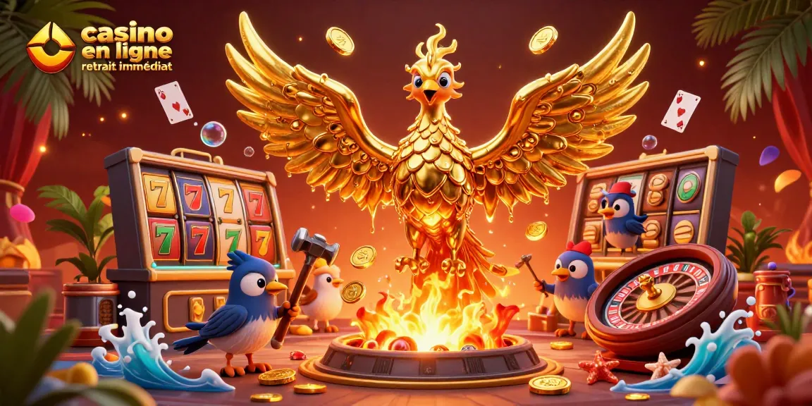 Jouez au casino en ligne retrait immédiat avec un phœnix doré et des éléments de jeu colorés.
