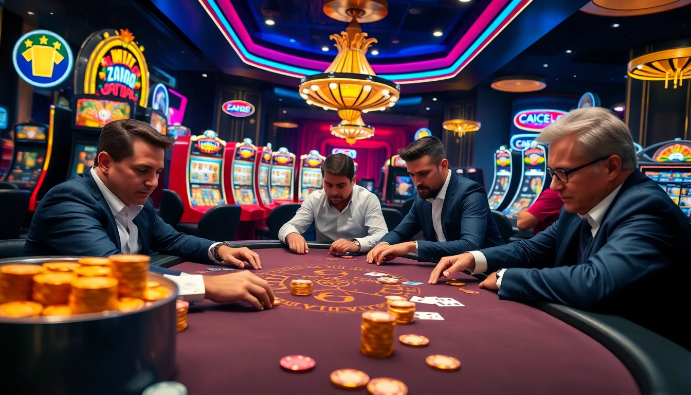 Experience thrilling gameplay at https://c168.io/ in a vibrant casino setting with poker and slot machines.