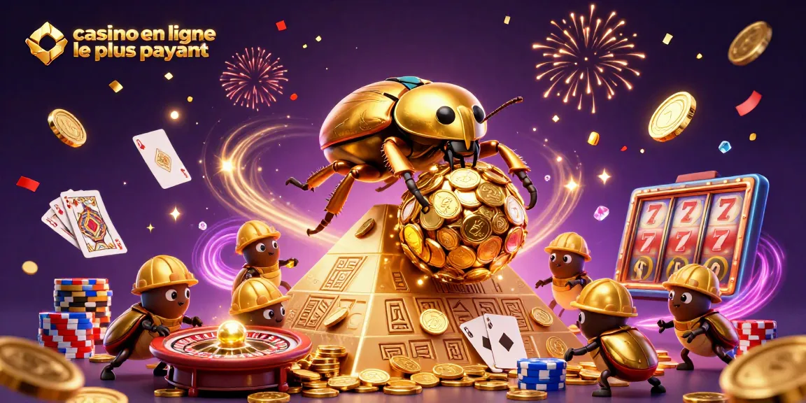 Illustration d'un casino en ligne le plus payant avec des scarabées dorés et des éléments de jeux captivants.