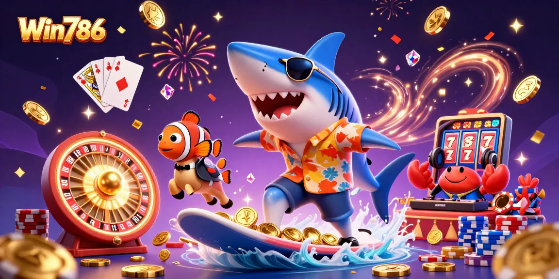 Win786 showcases an exciting cartoon casino scene with vibrant characters and dynamic game elements
