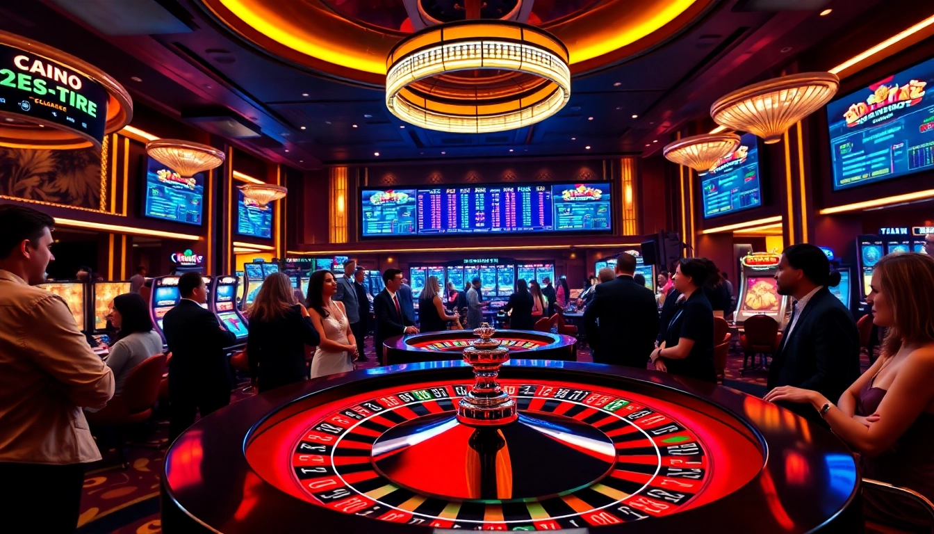 Experience the vibrant energy of 8win with players at a casino roulette table, illuminated by neon lights.