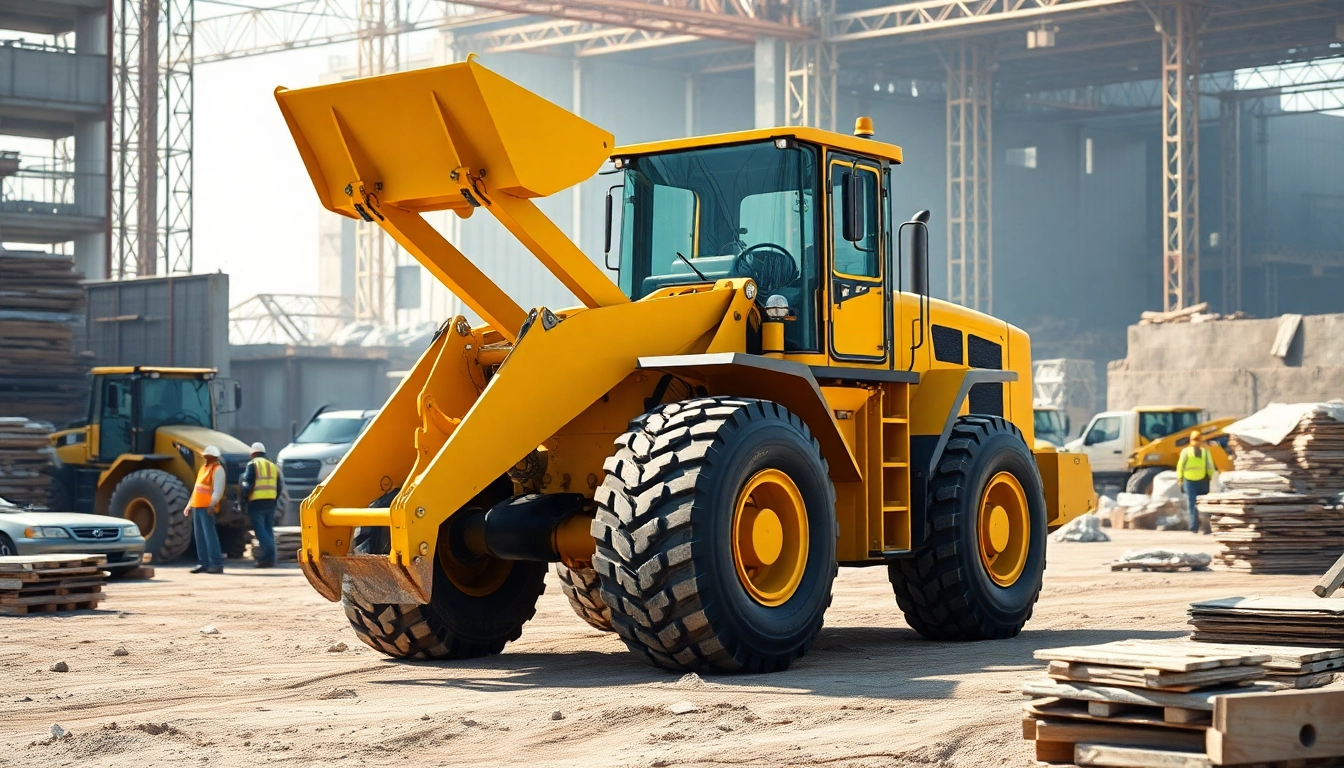 Rent wheel loaders efficiently at a vibrant construction site with active machinery.