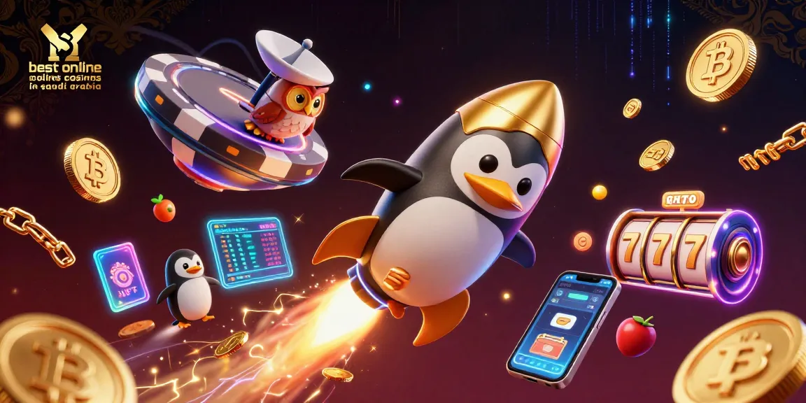 Play at the best online casinos in Saudi Arabia with this vibrant 3D illustration of a penguin and casino elements.