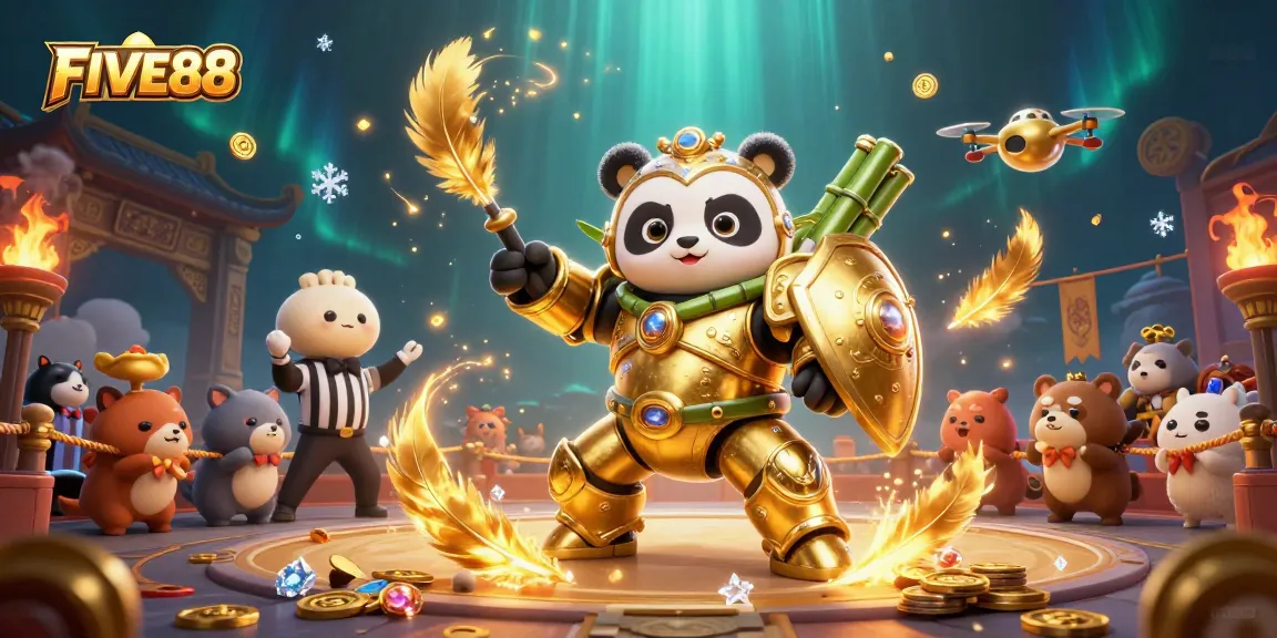 Experience the excitement of FIVE88 with a golden panda battling in a lively casino arena.