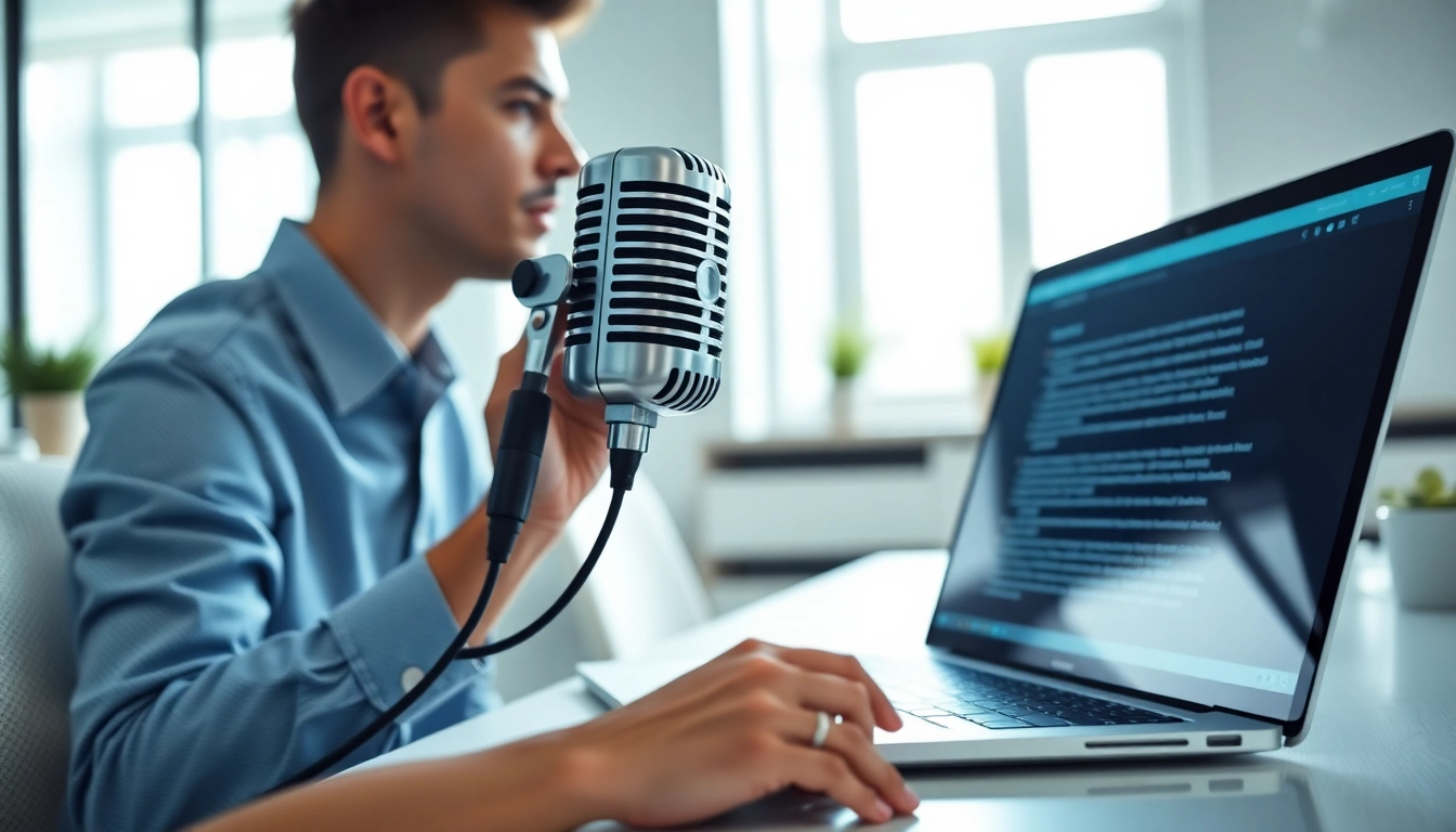 Transcribing from speech with https://www.speechlyapp.com in a modern workspace featuring advanced technology.