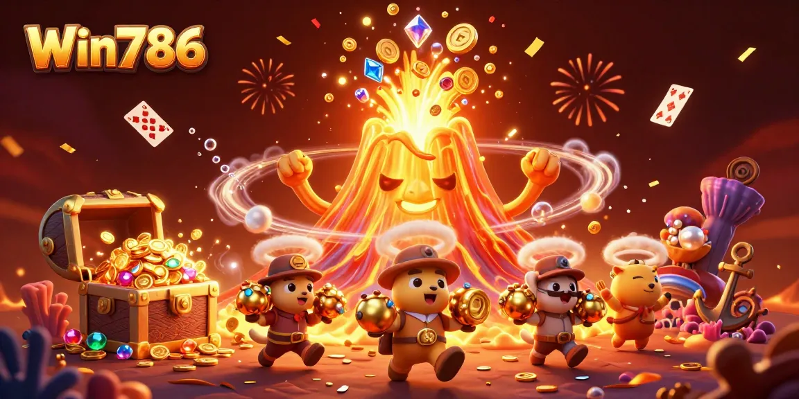 Win786 features a triumphant golden volcano with treasure, capturing a thrilling gambling experience.