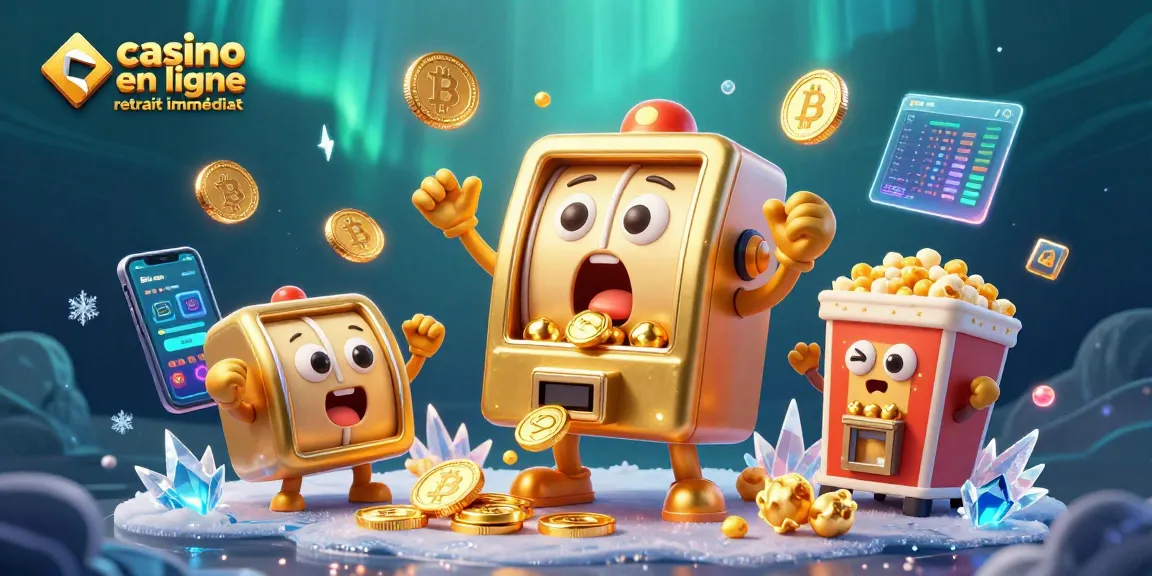 Jouez à casino en ligne retrait immédiat avec une machine à sous dorée surprise par ses gains, entourée de pièces et d'animations de jeux.