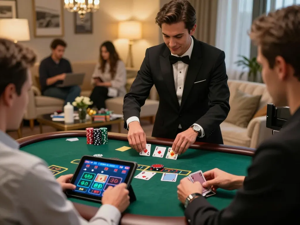 FB88 player actively enjoying a live blackjack game on their tablet, showcasing interactive gameplay and vibrant setting.