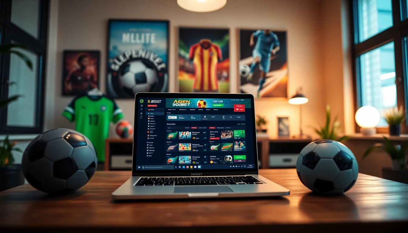 Pengguna laptop memasang taruhan di agen sbobet dengan suasana modern dan penuh semangat.