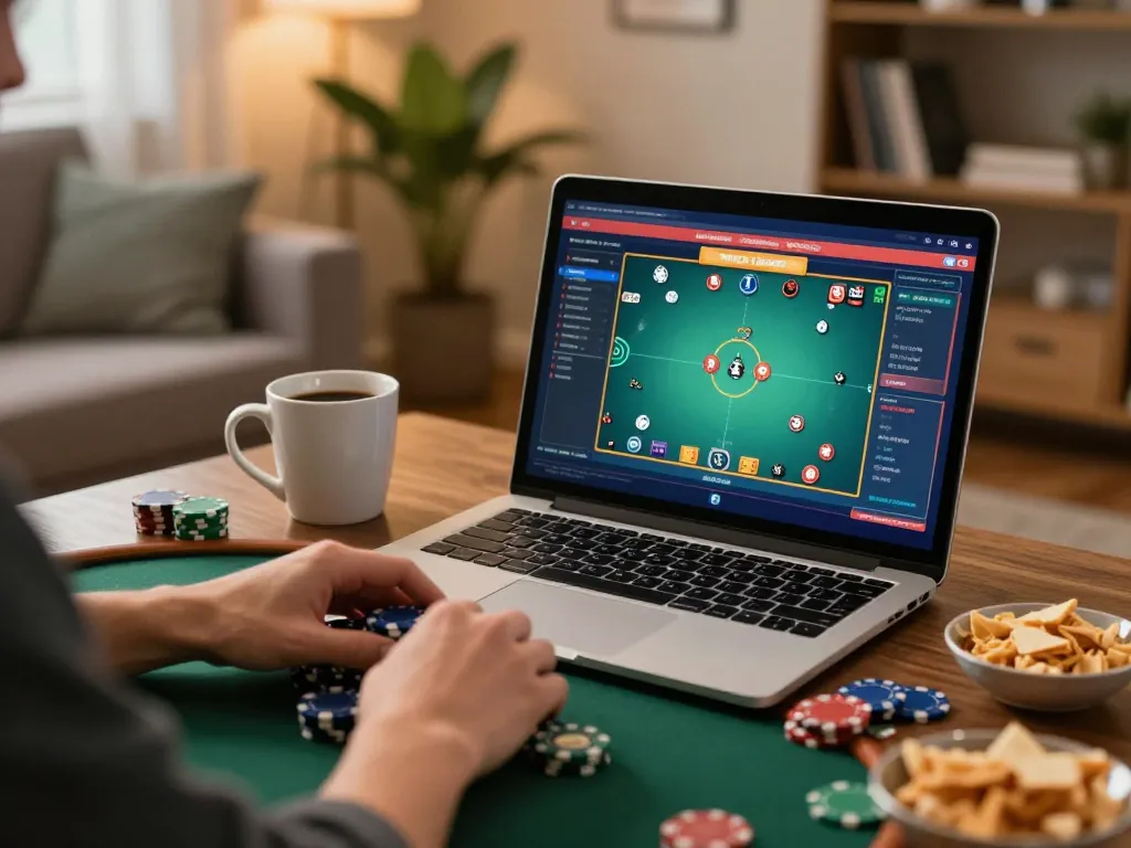 Player engaging in poker on uk88 com in a cozy home setup, chips and cards visible.