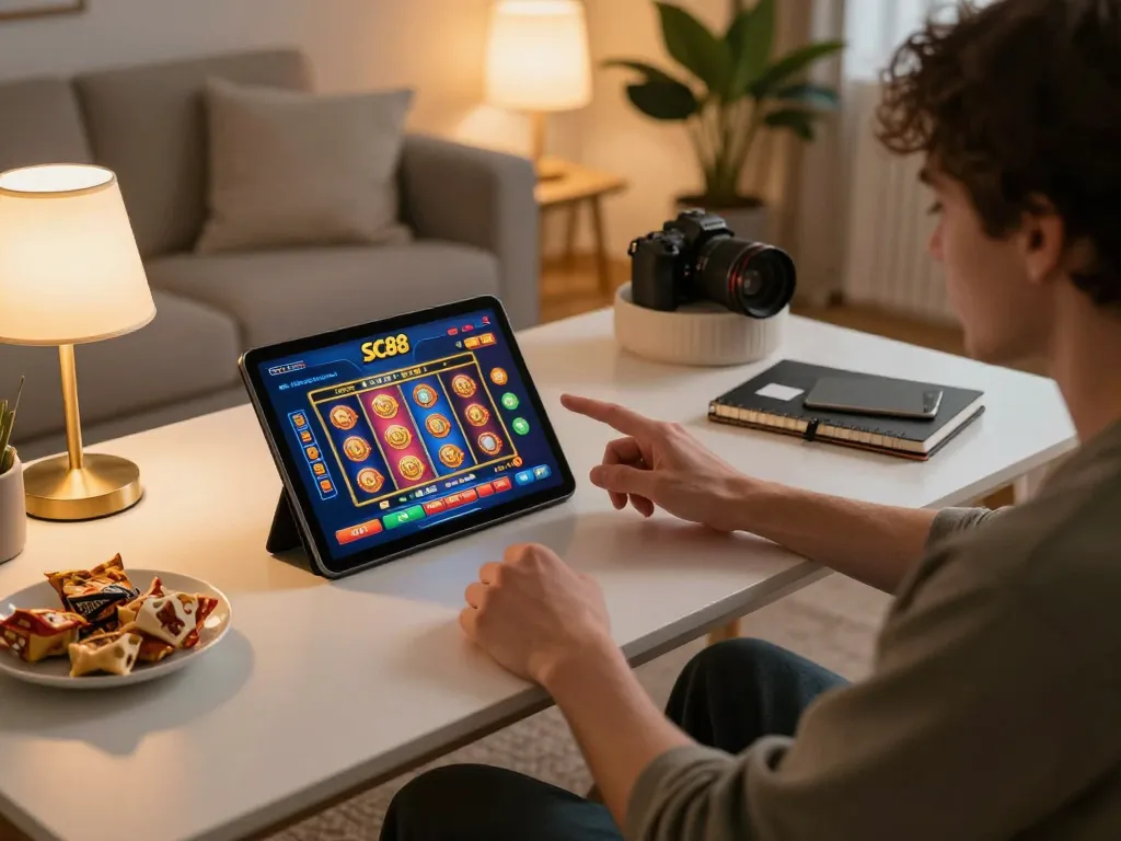 Engaged player using SC88 casino app on tablet for thrilling gameplay experience