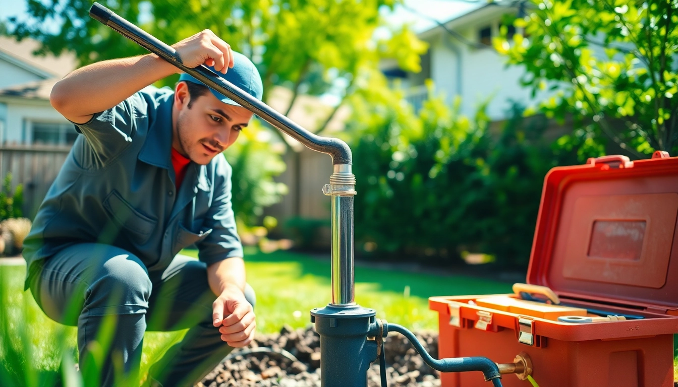 Technician performing a well pump replacement in a backyard, showcasing expertise and service.