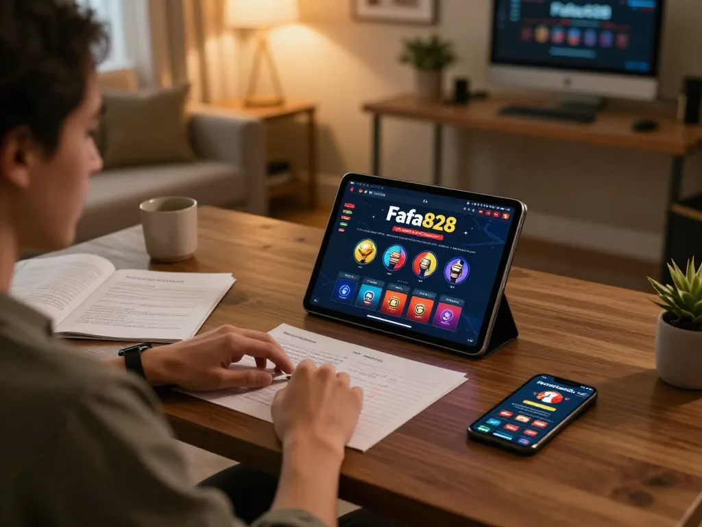 Engaging with Fafa828 online casino interface on tablet while managing bankroll at home.