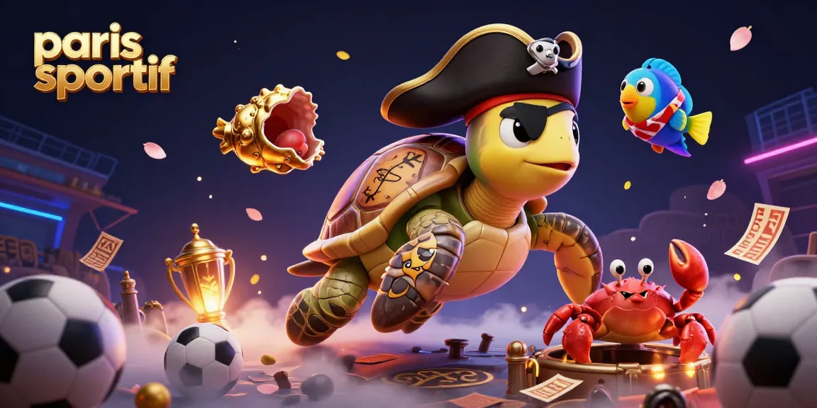 paris sportif - Placer des paris sportifs avec une tortue pirate et des éléments de casino colorés.