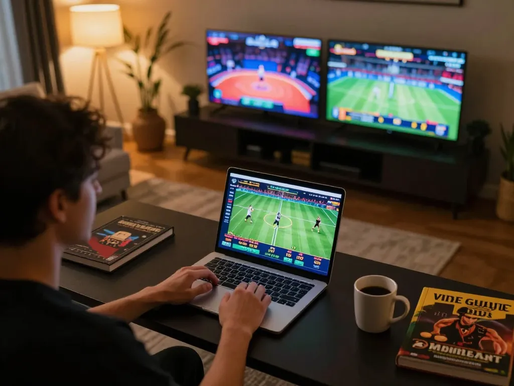 Engaging in kèo nhà cái sports betting with a vibrant online gaming setup at home