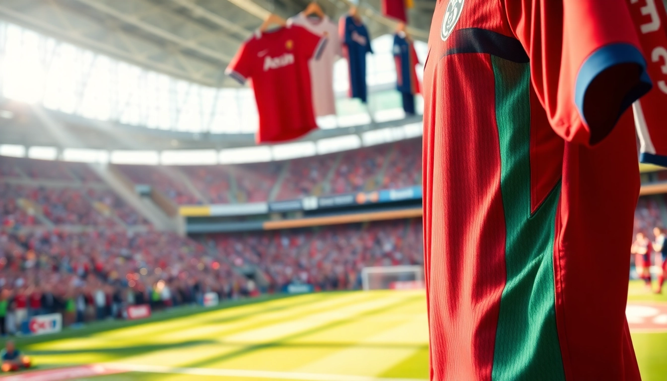 Showcase of diverse football kits displayed on a vibrant pitch, emphasizing team spirit.