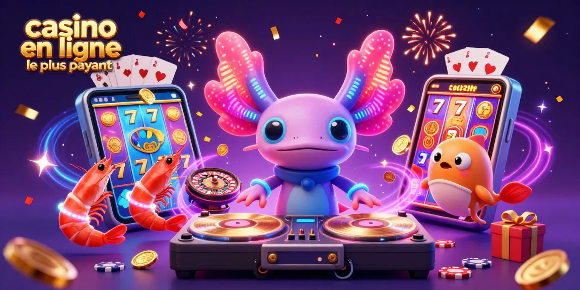 Animation festive de casino en ligne le plus payant : axolotl DJ et danseurs sous-marins.