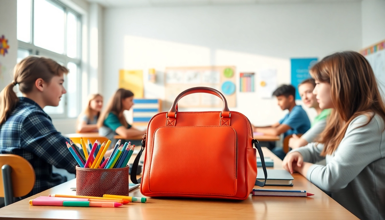 Verwendung der Handytasche Klassenzimmer von Schülern in einem hellen, einladenden Klassenzimmer.