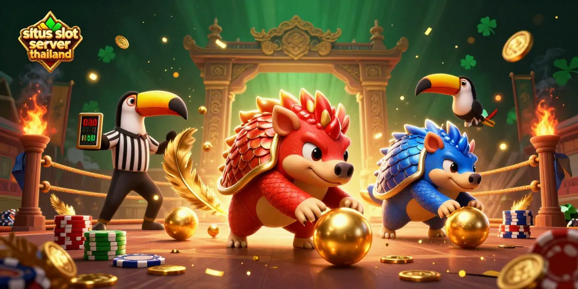 Engaging illustration of situs slot server thailand featuring cartoon pangolins in a vibrant casino setup celebrating jackpots.