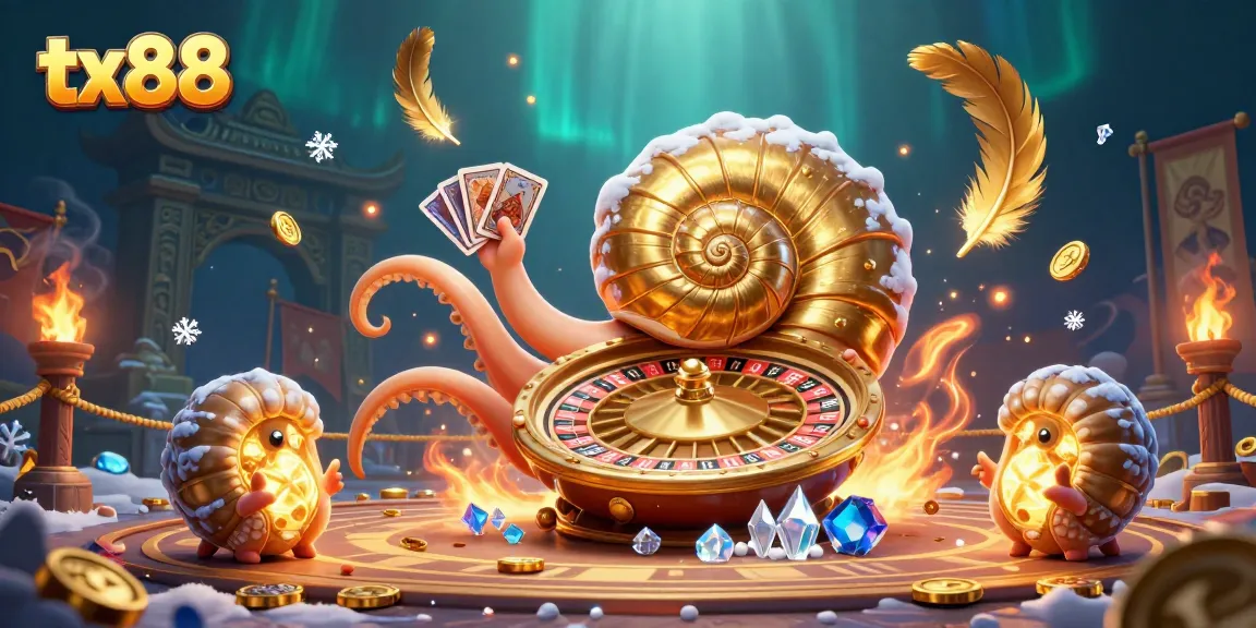 Engage in thrilling casino gameplay with tx88's dynamic card scene featuring a giant nautilus and golden elements.