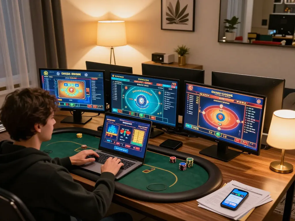 Playing online poker at home with NHÀ CÁI MAX88, showcasing an engaging gaming setup and strategy planning.