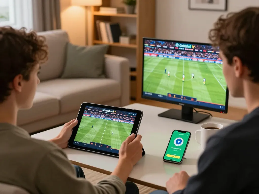 Cakhiatv user engaging in online betting with live football match in a cozy home setting