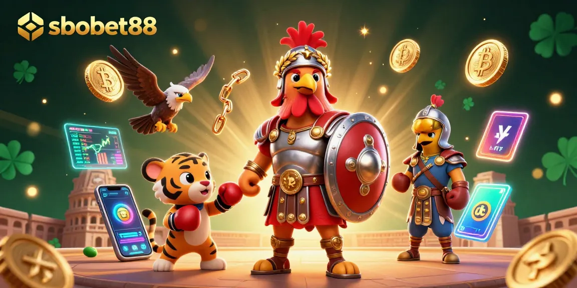 sbobet88 showcases a dynamic 3D casino scene with a gladiator rooster and crypto elements.