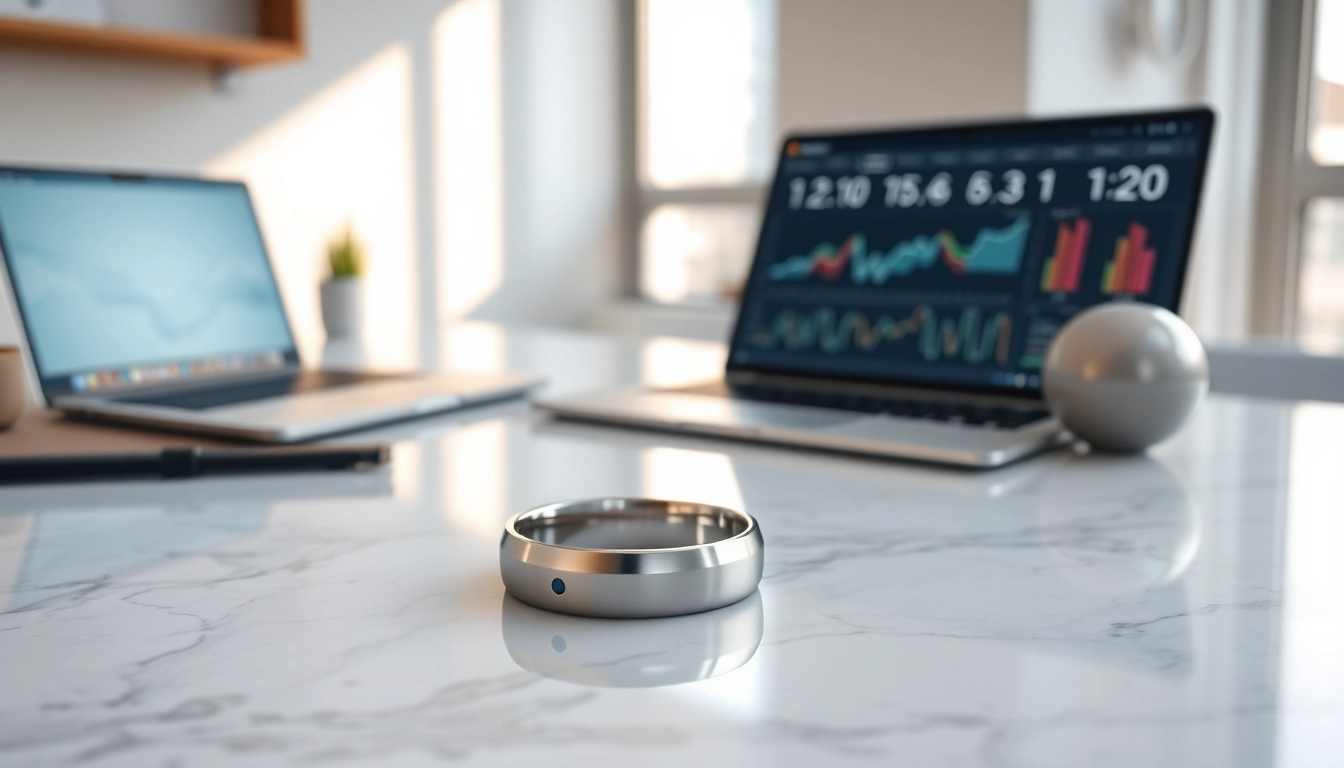 Showcasing the Ringconn Smart Ring with a sleek design on a modern desk, highlighting health tech.