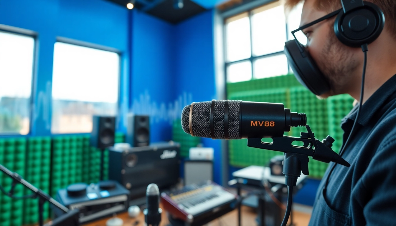 Capture audio with the MV88 microphone in a vibrant recording studio setting.