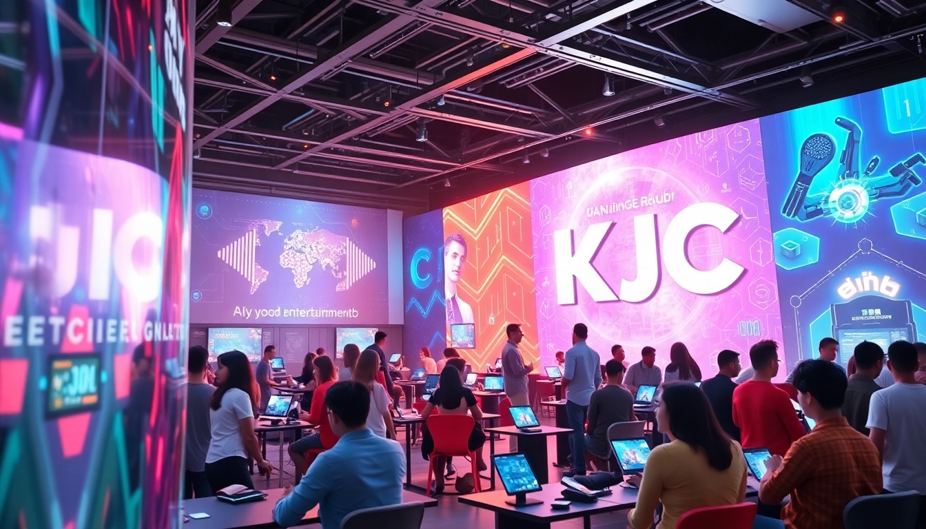 KJC entertainment hub scene with diverse users engaging in gaming, showcasing global connectivity.