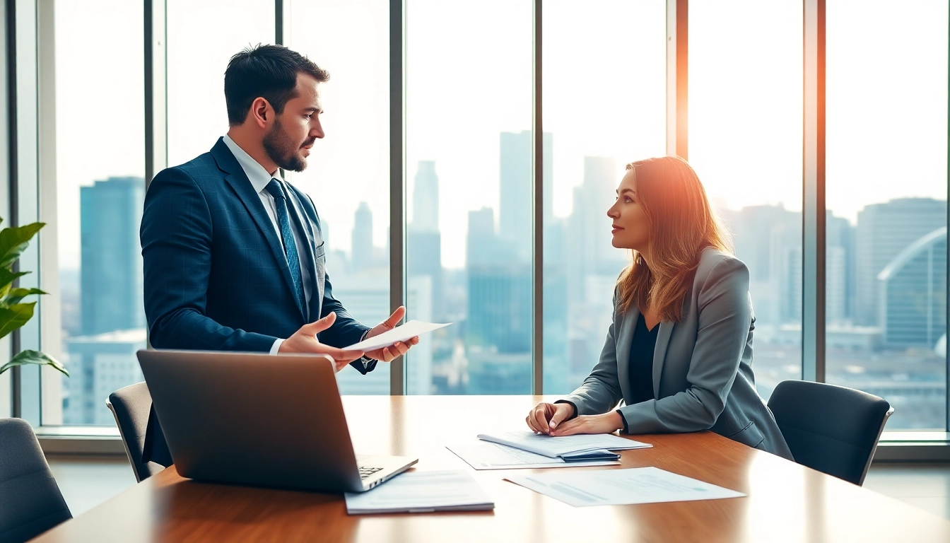 Financial advisor assisting a client in a modern office setting with financial documents and city skyline.