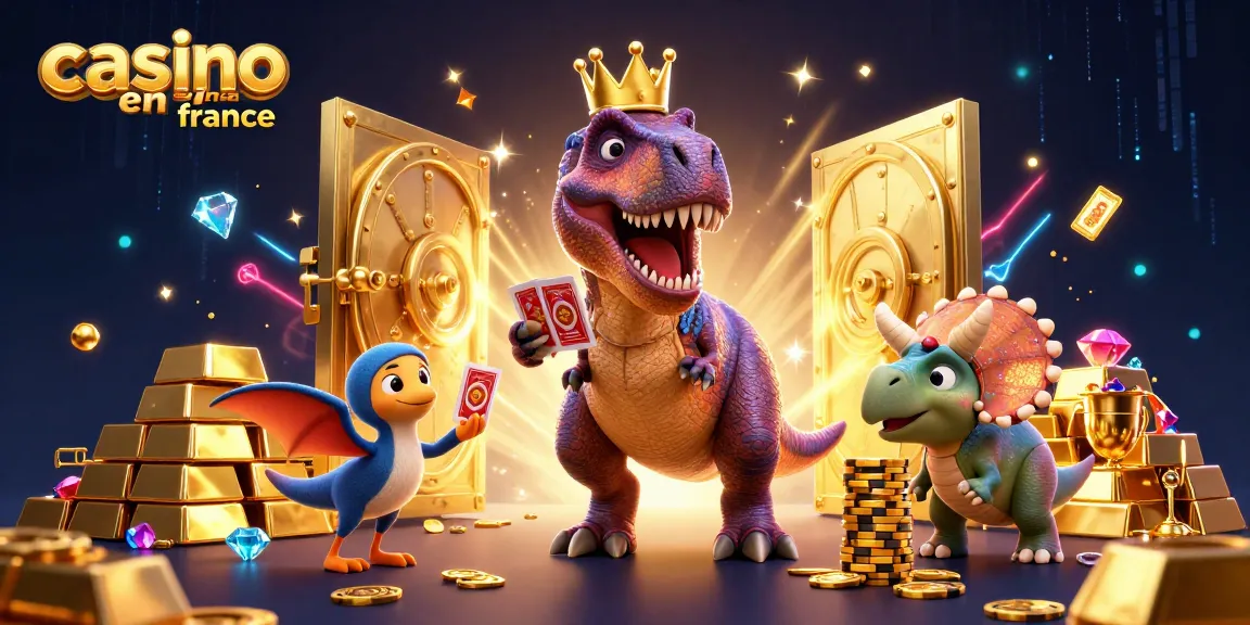 Découvrez les jeux de casino en ligne France avec ce T-Rex amusant, des cartes et des jetons en or.